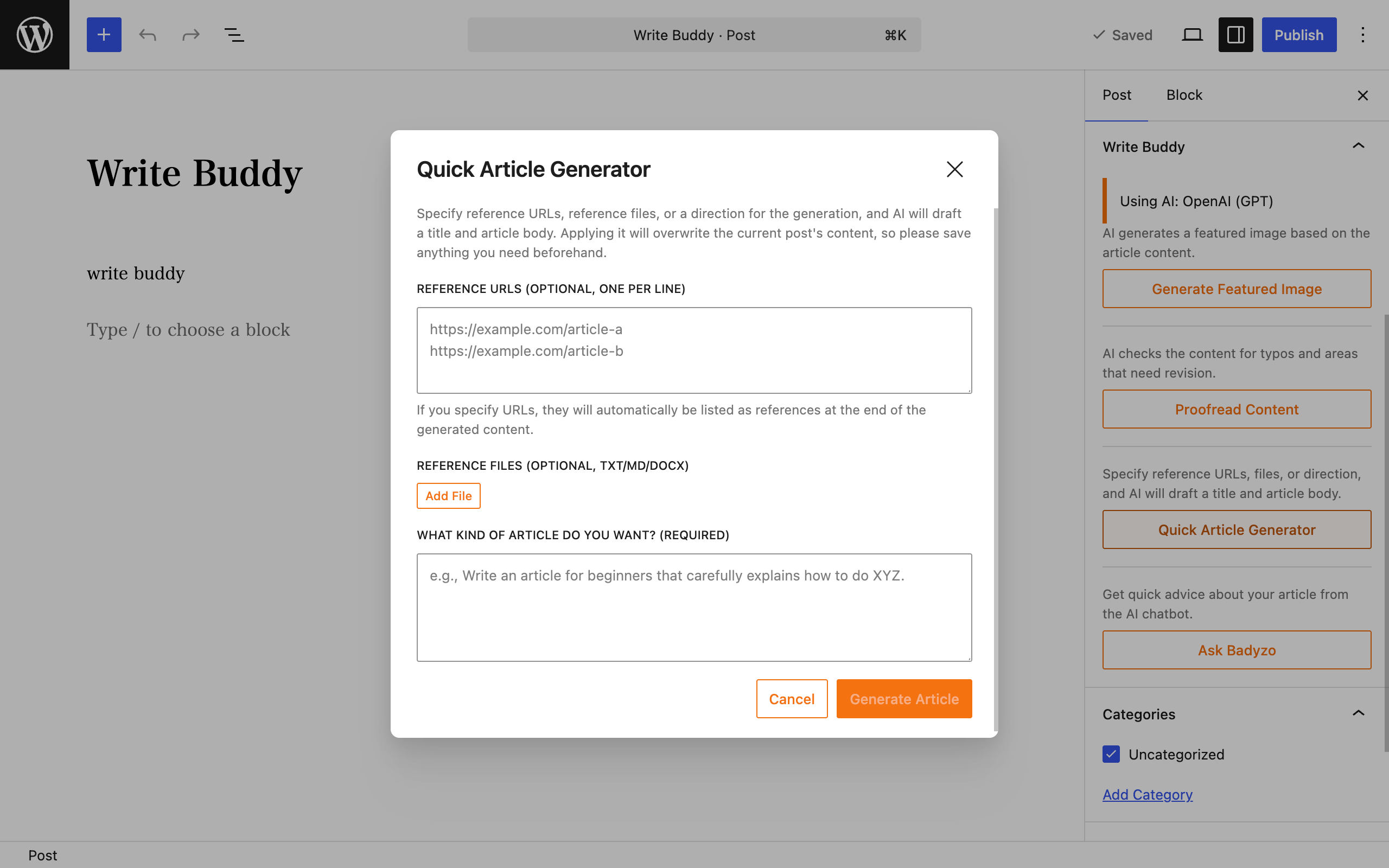 Quick Article Generator dialog with reference URLs, reference files, and a direction field