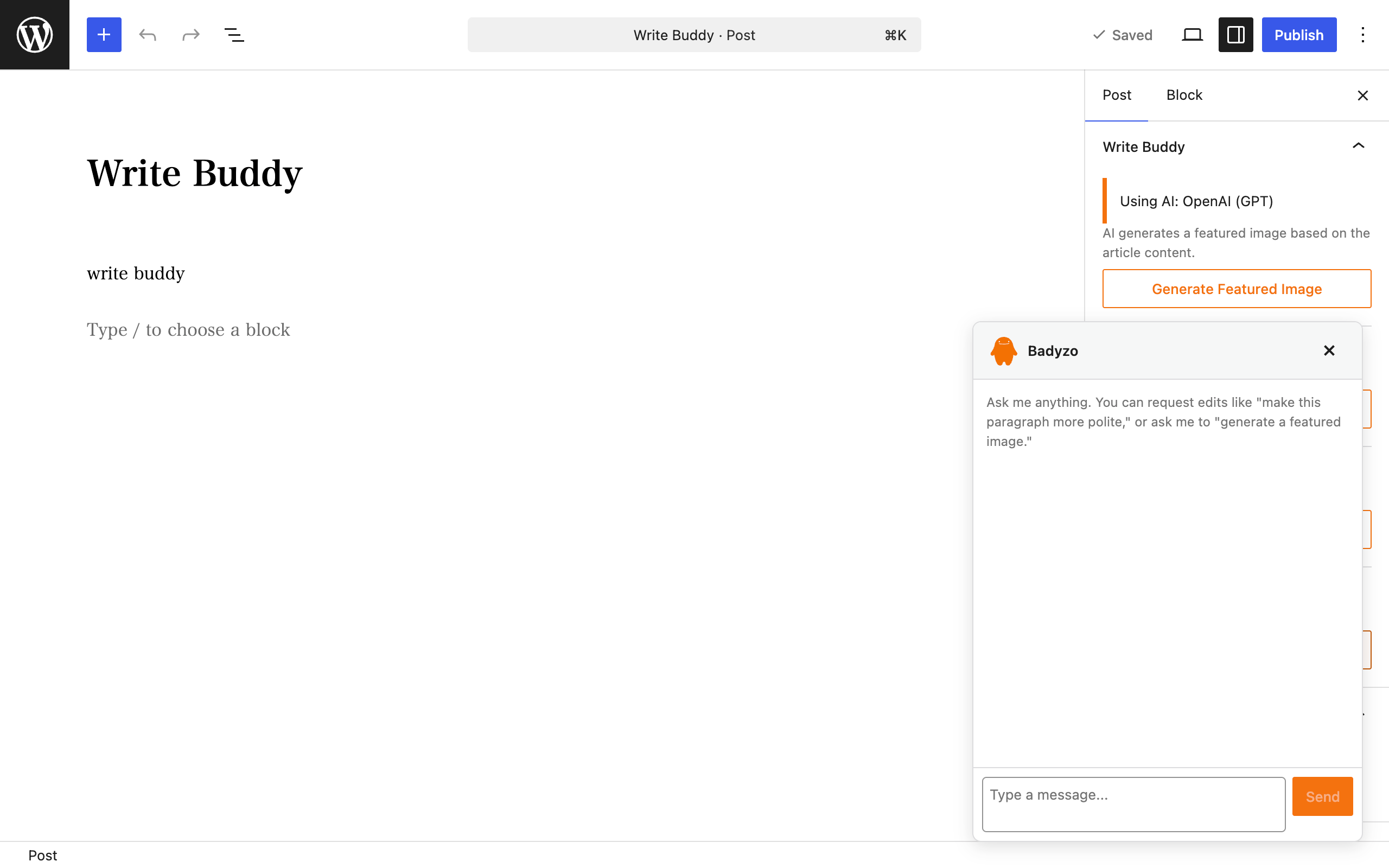 Badyzo AI chat panel in the WordPress block editor