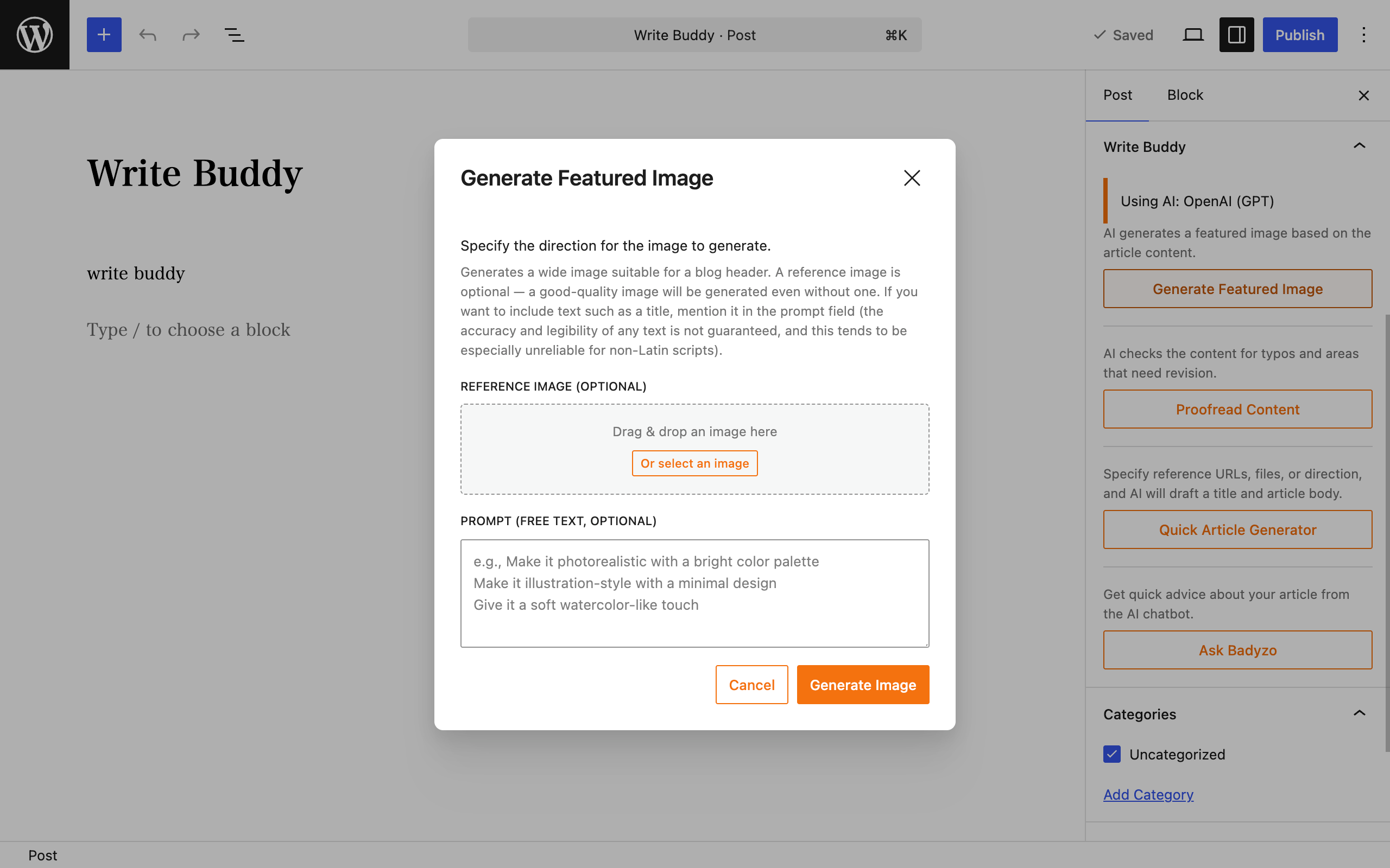 Generate Featured Image modal with a reference image dropzone and style prompt field