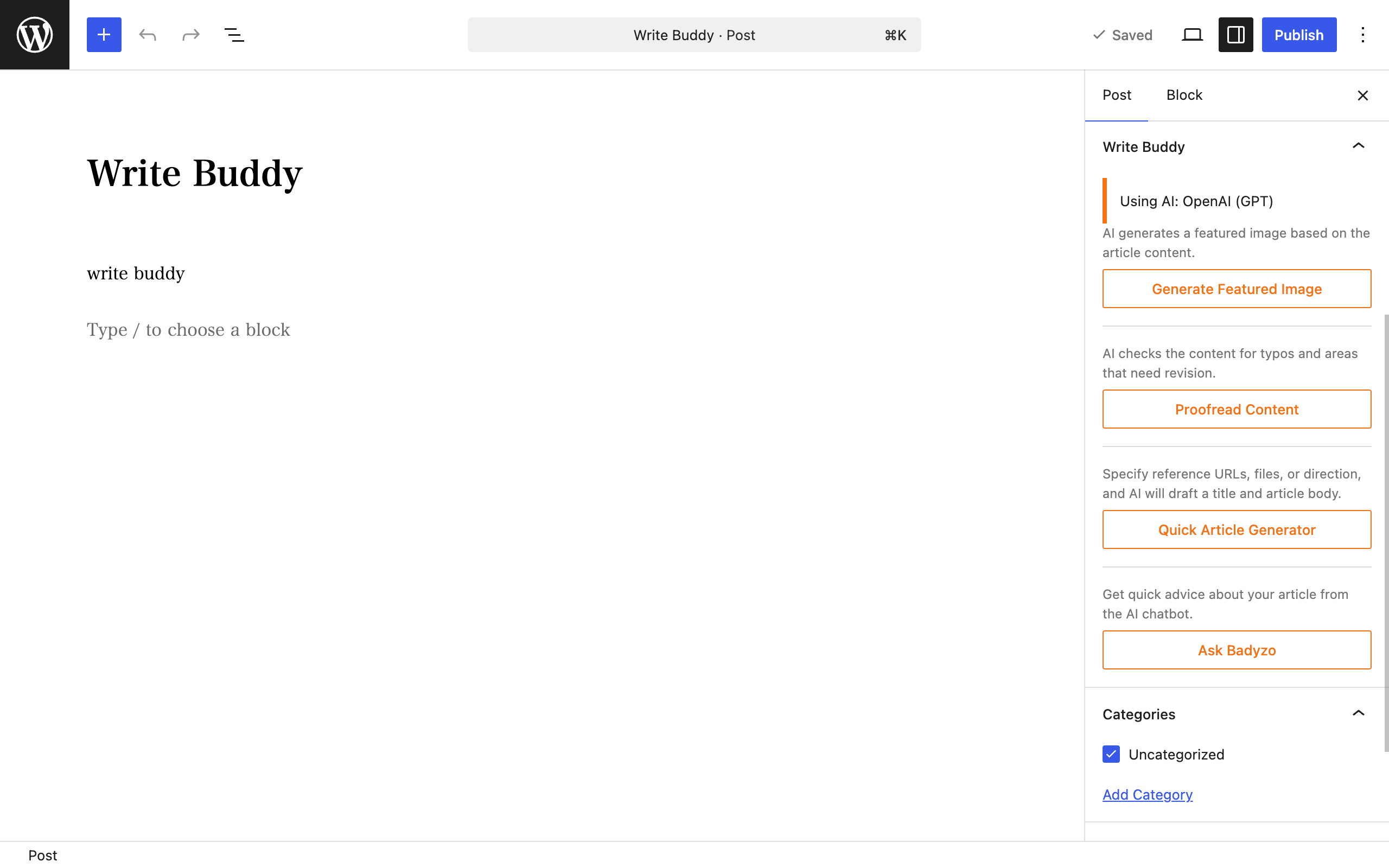 Write Buddy sidebar panel in the WordPress block editor, showing the Featured Image, Proofread, Article Generator, and AI Buddy Chat buttons