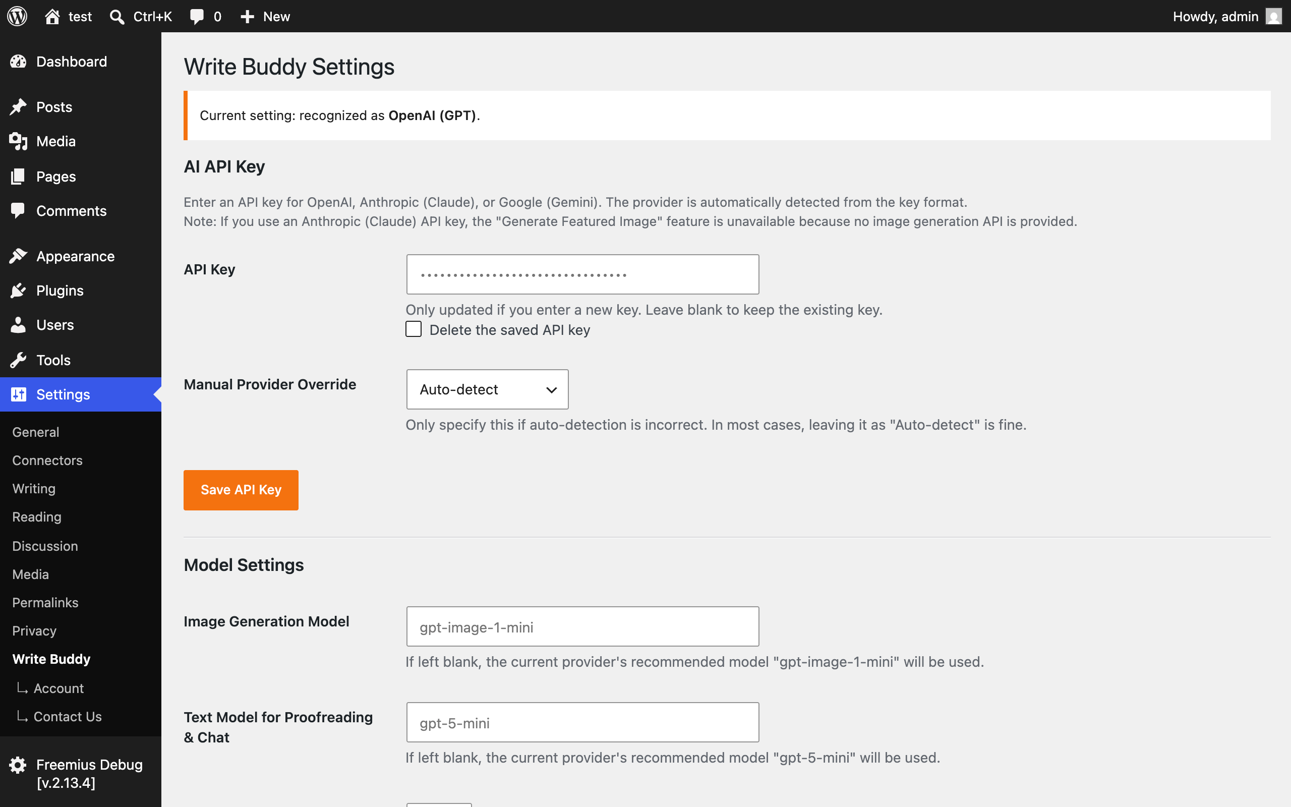 Write Buddy settings screen with the API key field and model settings